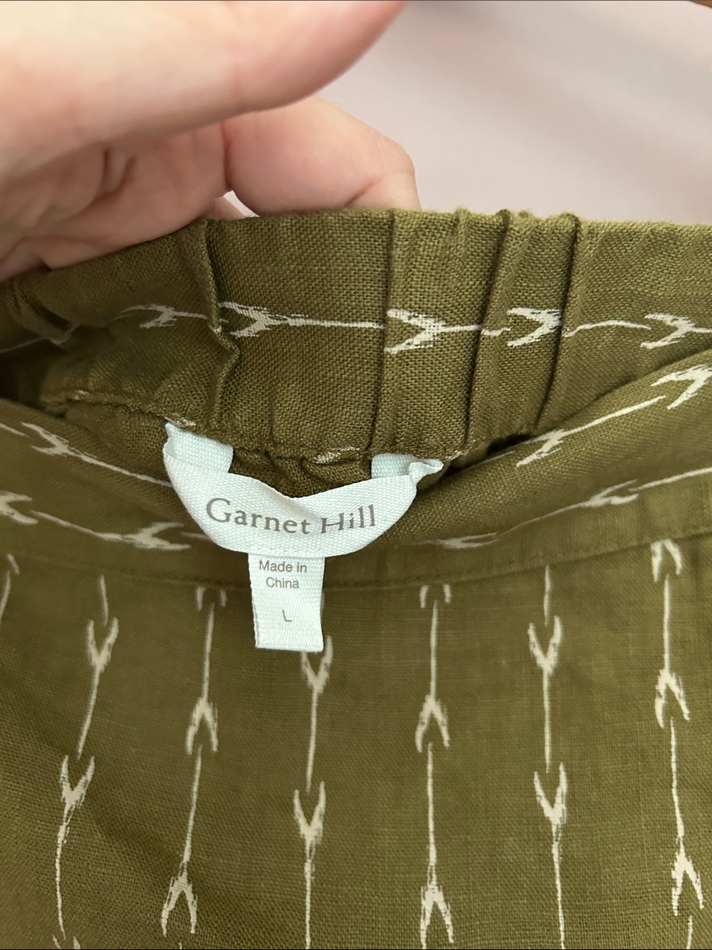 Garnet Hill Kona Linen Skirt Olive Green Geometric Midi Front Split Size L - Picture 10 of 13